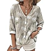 domirica Blouse for Women V-Neck Long Sleeve Boho Trendy Vintage Oversized Button Up Shirts for Women Casual Wear Plus Size