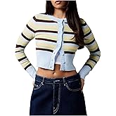 Milumia Women's Striped Button Up Cropped Cardigan Y2k Ribbed Long Sleeve Sweater Tops Knitwear