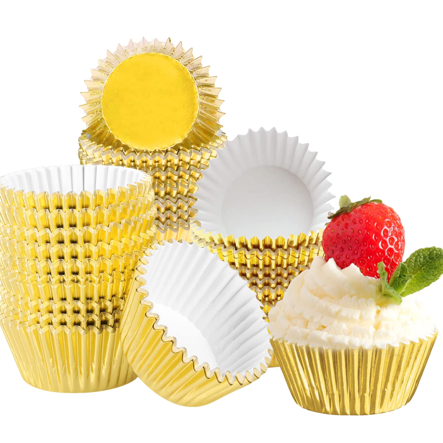 100 Pcs Gold Cupcake Cases, Metallic Foil Lined Muffin Wraps Cases for Baking-Disposable Baking Cups on Weddings Birthdays Party