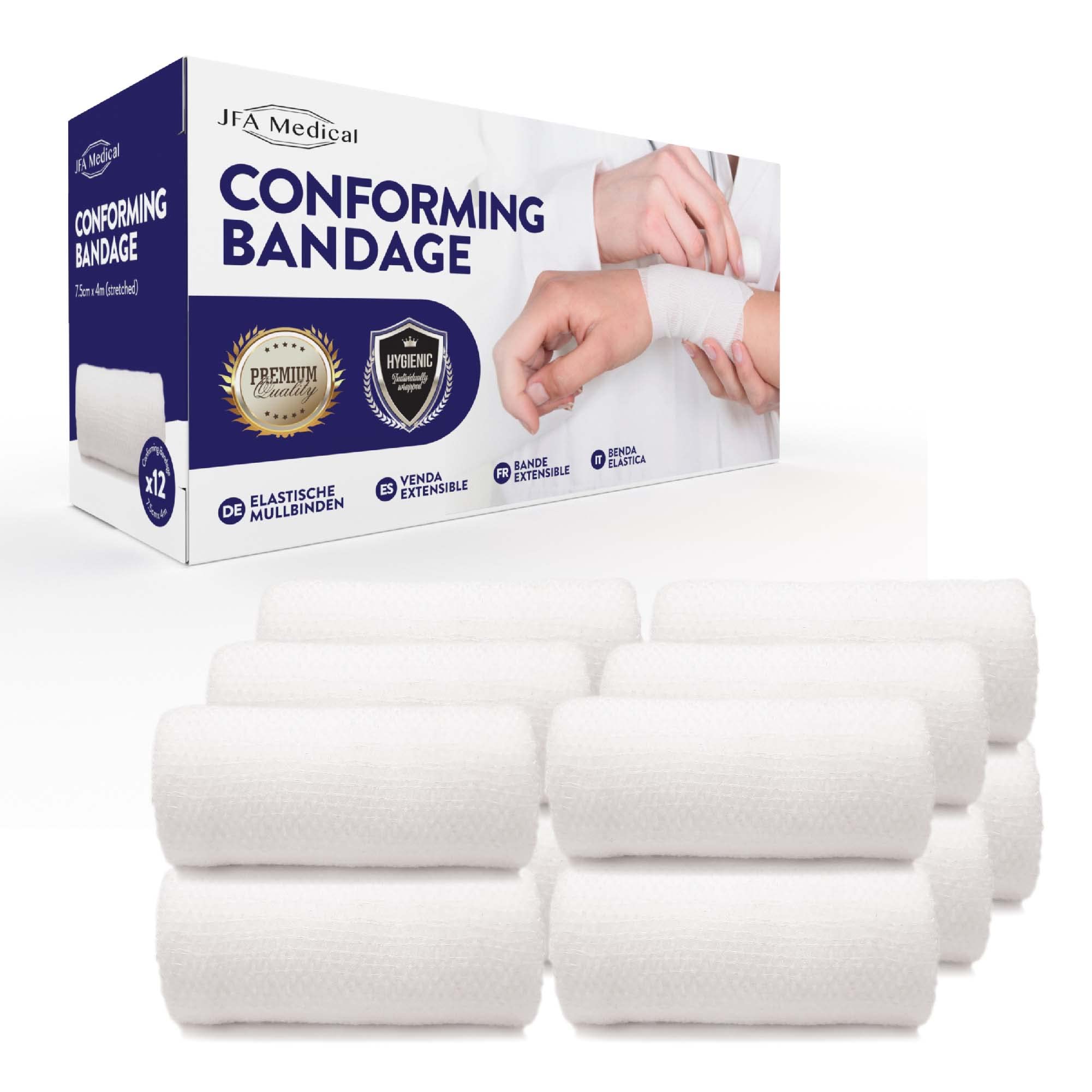 JFA Medical Conforming Bandage, Gauze Bandage Roll 7.5cm x 4m - Pack of 12