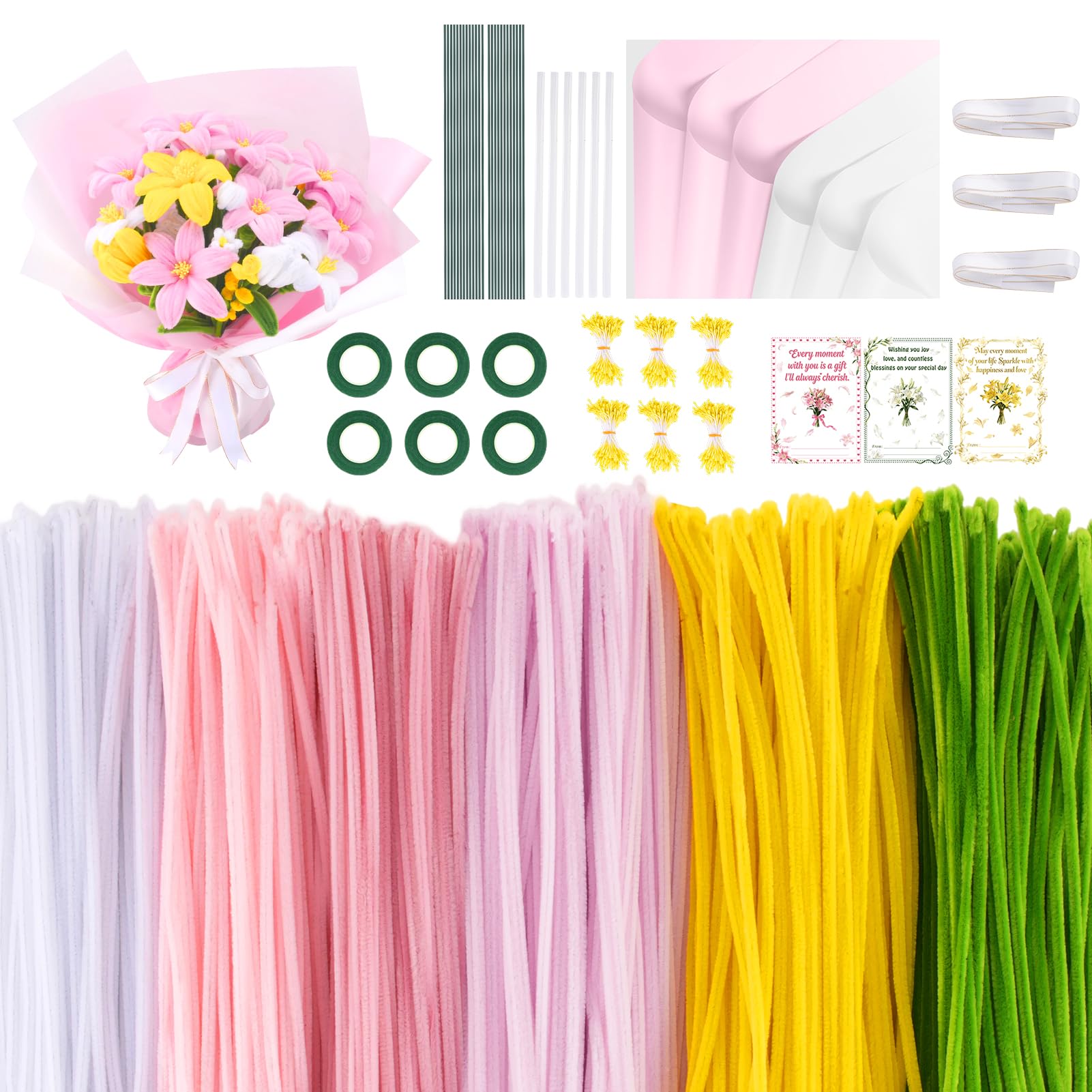 Photo 1 of 1800pcs  Cleaners Craft, Pipe Cleaner Bulk Flower Kit, 6 Colors Chenille Stems Flower Making Kit with Floral Wrapping Paper and Ribbon, Gardening Tape, Stamen for Art and Craft Supplies