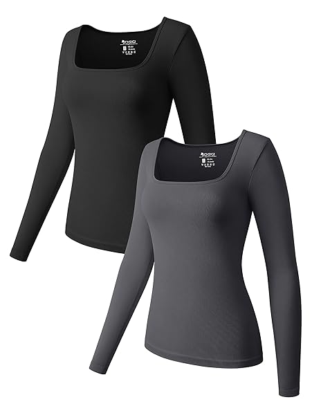 OQQ WOMEN’S 2 PIECE SHIRT LONG SLEEVE SQUARE NECK STRETCH FITTED UNDERSCRUBS LAYER, BLACK,DARKGREY, SMALL