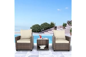 BPTD 3 Pieces Patio Furniture Set Balcony Furniture PE Rattan Wicker Outdoor Sofa Set with Washable Cushion and Tempered Glass Table to for Balcony,Garden and Poolside (Brown-gray Brown)