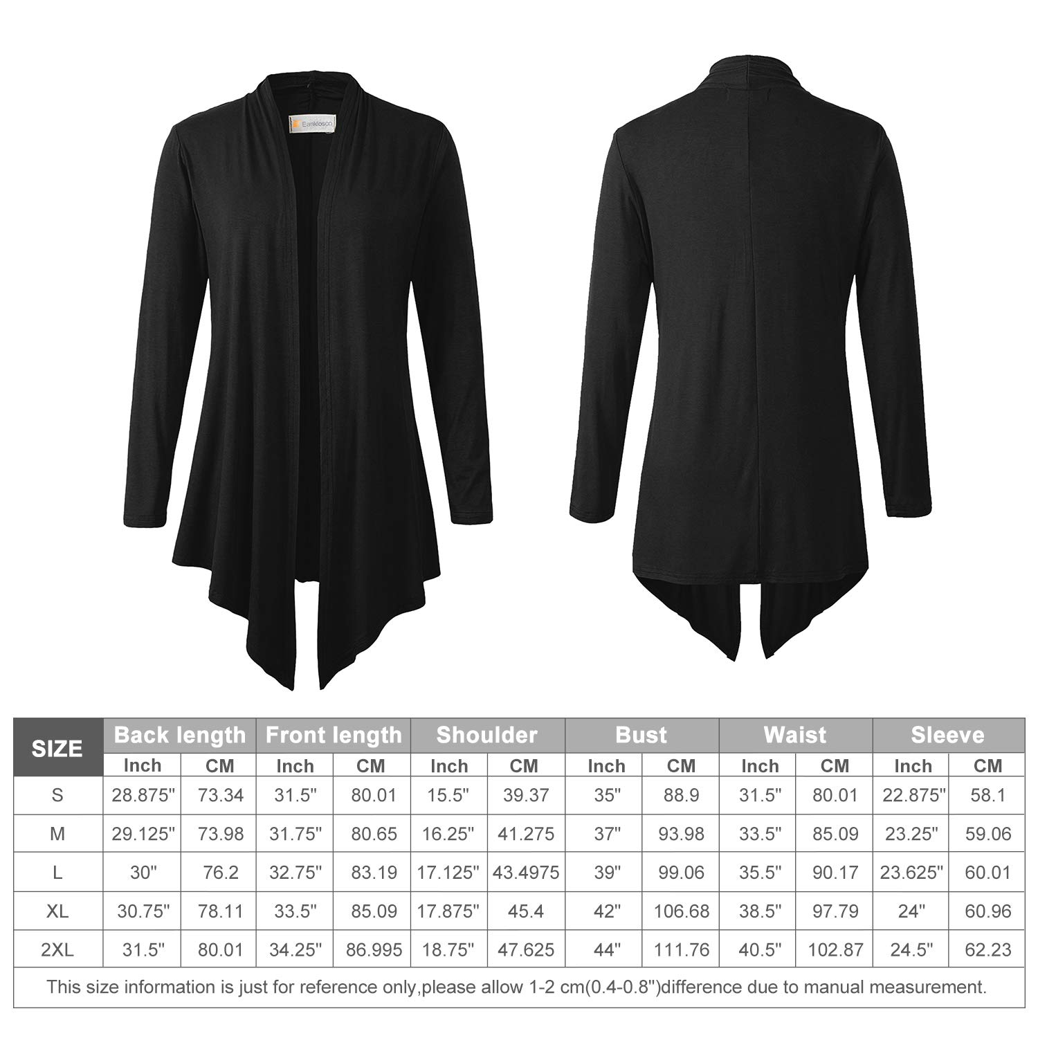 Eanklosco Women\'s Long Sleeve Drape Open-Front Cardigan Light Weight Irregular Hem Casual Tops (S, Black)
