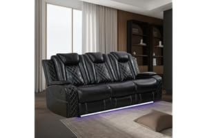 SIENWIEY Black Leather Power Recliner Sofa with LED Light，84" Luxurious Power Double Reclining Sofa with Drop Down Table for Home Theater Seating Living Room Furniture