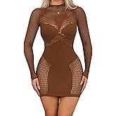 AVZXSA Womens Sexy Seamless Long Sleeve Mini Dress, Sheer Cutout Round Neck Short Bodycon Dresses