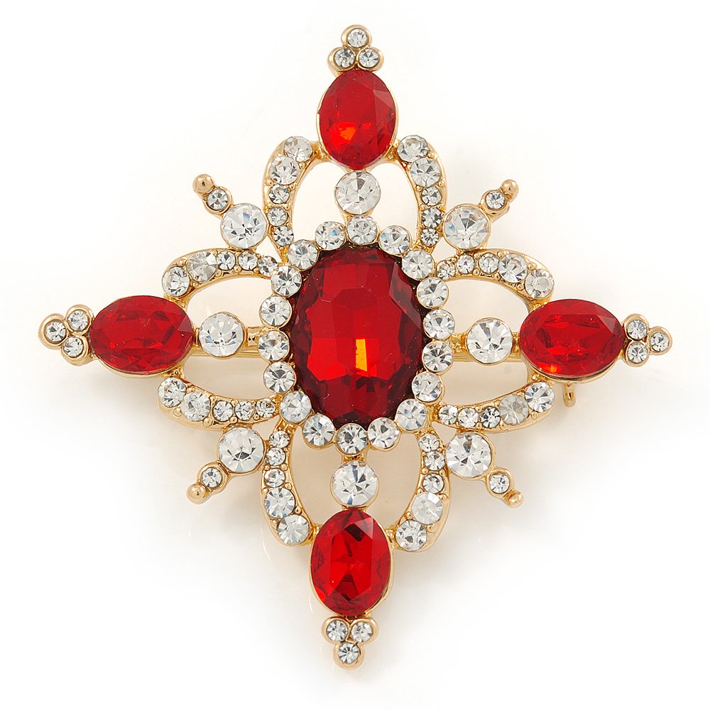 Red/Clear Austrian Crystal Diamond Shape Corsage Brooch In Gold Plating - 50mm L
