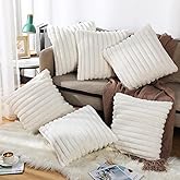 VitalCozy Valentine's Day Throw Pillow Covers Set of 6 18x18 Decorative Neutral Couch Throw Pillow Covers Faux Fur Pillowcase Soft Velvet Farmhouse Boho Striped Decor for Bed, Sofa(Cream White)