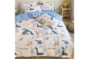 BlueBlue Dinosaurs Duvet Cover Set Queen 100% Cotton Bedding for Kids Boys Girls Teens Cartoon Blue Dinosaur Crocodile Pattern on White 1 Animals Comforter Cover Full with Zipper 2 Pillowcases Soft
