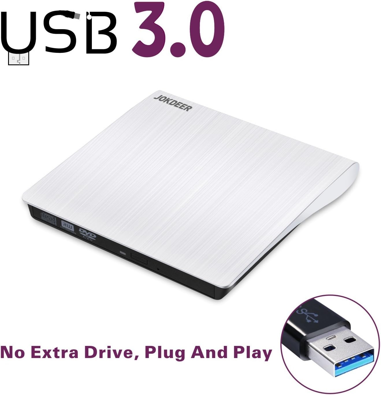 USB 3.0 External DVD Drive CD DVD Burner Ultra Slim Portable CD/DVD-RW Writer Burner for Laptop and Desktop PC Windows and Linux OS Apple Mac Macbook Pro(White)