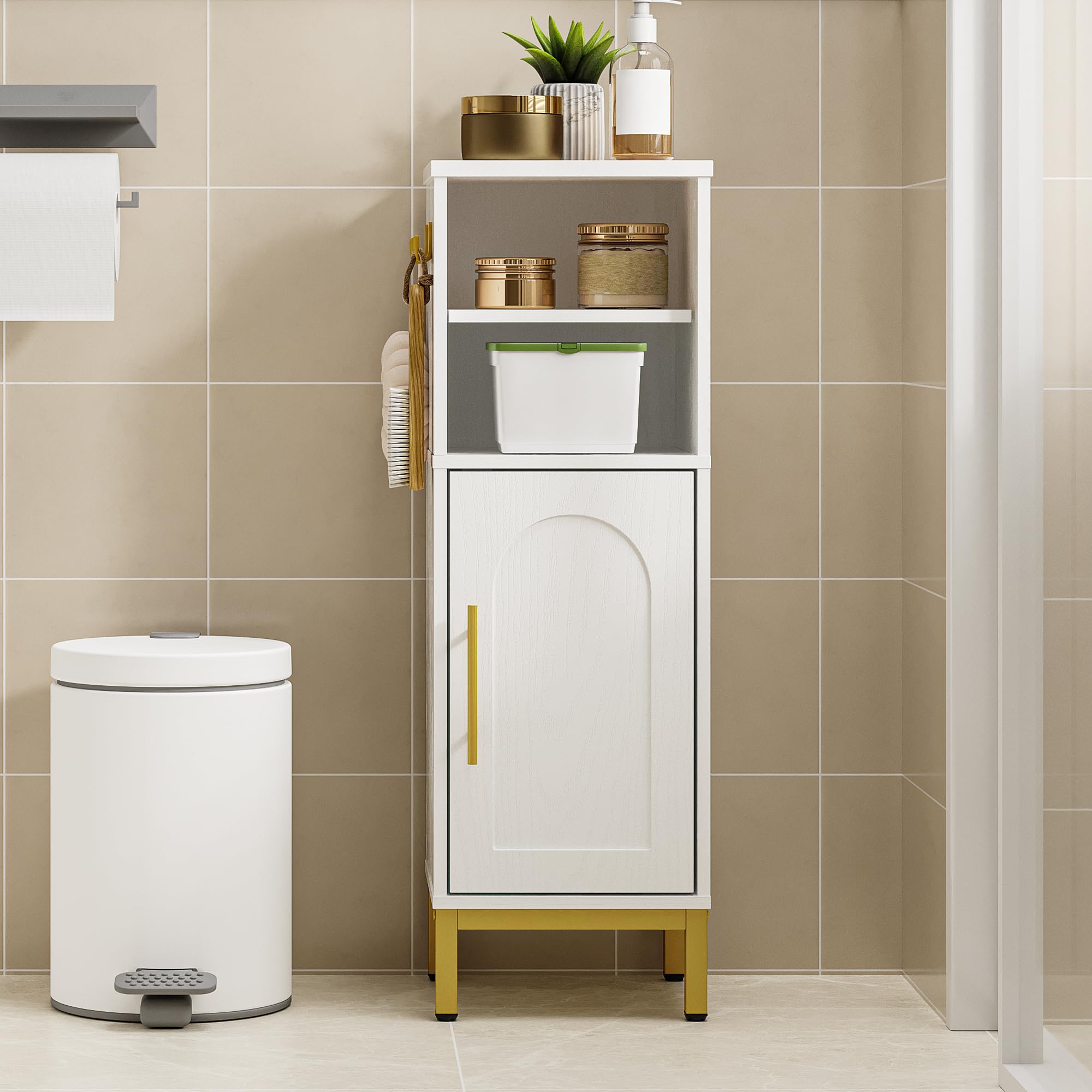 Photo 1 of **MISSING PARTS***Hzuaneri Bathroom Storage Cabinet, Corner Floor Cabinet with Door & Shelves, 2Hooks, Small Narrow Storage Organizer, Toilet Paper Cabinets for Small Space, White SC06313G