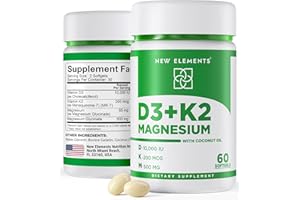 New Elements Vitamin D3 K2 10,000 IU with Magnesium Glycinate 500mg - Bone Health, Immune Support, Energy & Mood - Non-GMO, Gluten-Free, Sugar-Free Softgels for Women & Men (60 softgels)