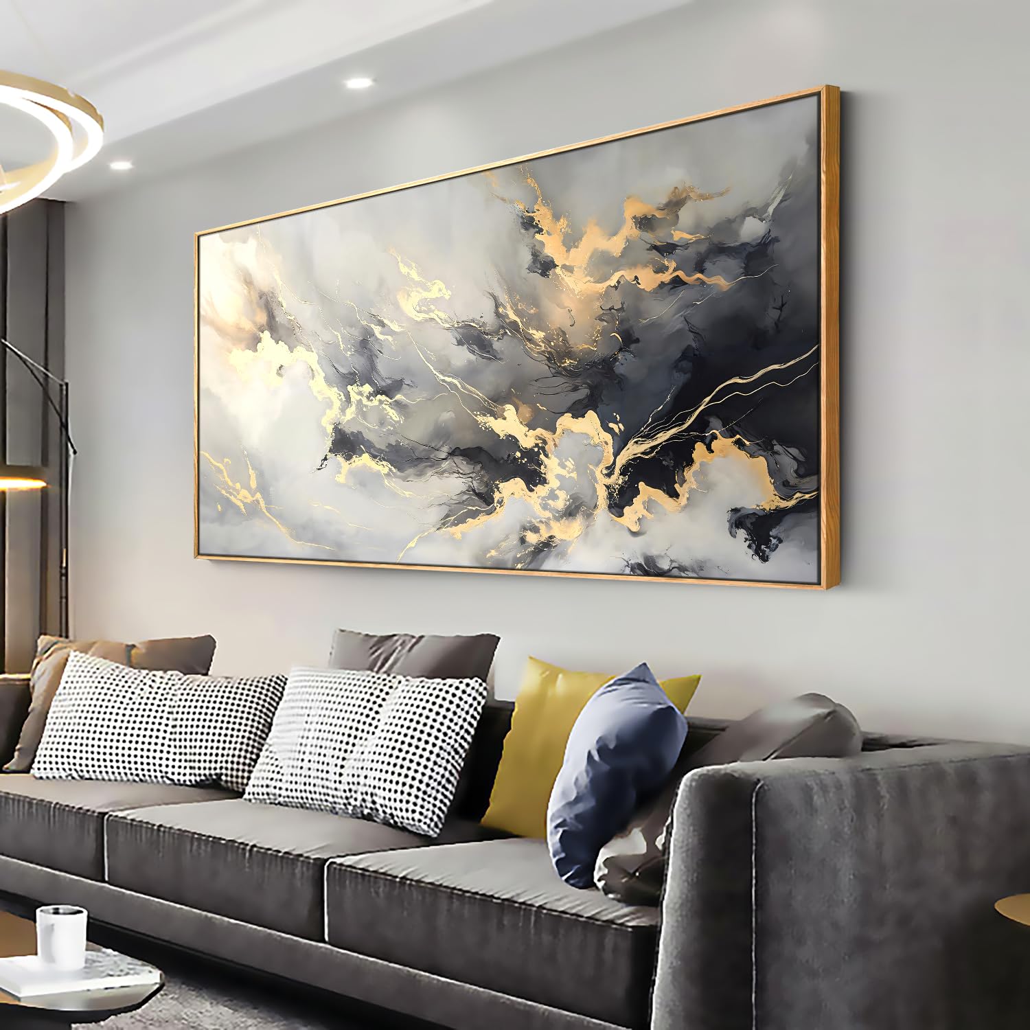 Photo 1 of youkuart Wall Art Abstract Artwork Fluid Lines Marble Art Black and Gold Canvas Prints for Living Room Bedroom Dining Room Home Office Decor Large Framed Ready to Hang 24"x48"