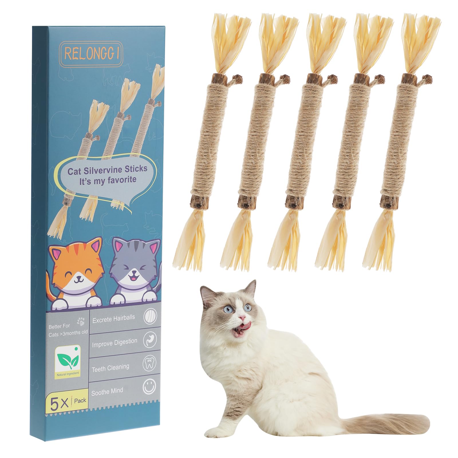 RELONGGI 5 PCS Chew Toys with Silvervine & Catnip - Dental Sticks for Teeth Cleaning, Interactive Cat Toys for Indoor Cats Kittens - Catnip Toys for Cats