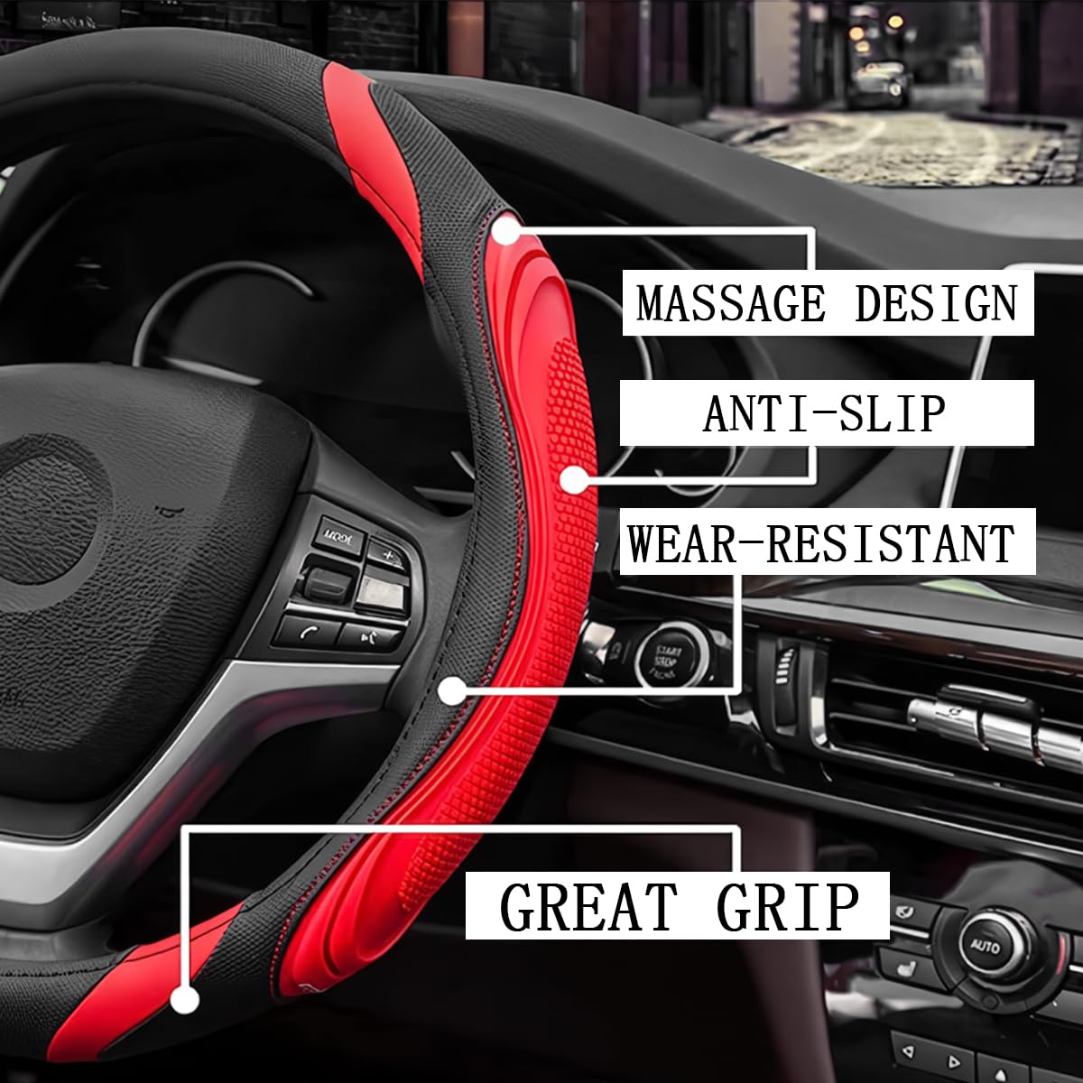 Osilly 15 Inch Car Leather Steering Wheel Cover, Automotive Accessories Elastic Breathable Anti-Slip Soft Wheel Protector Fits Men and Women, Suitable for SUVs, Trucks, Vehicles and RVs (Red)