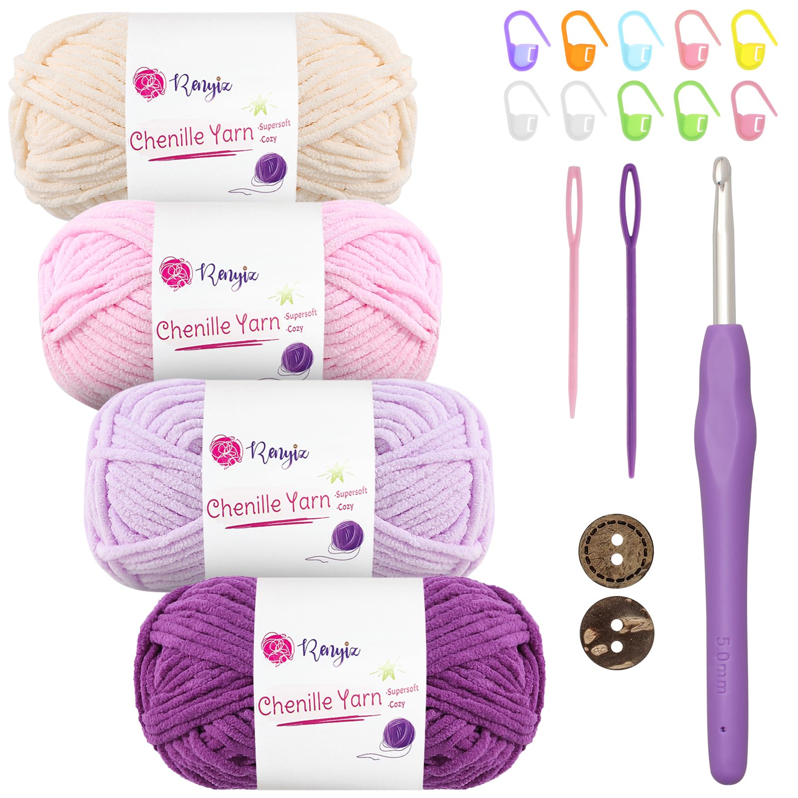 Thick Soft Chunky Chenille Yarn 4x50g(60m/Skein) Fluffy Wool Perfect for Crochet Baby Blankets with 5mm Crochet Hook, Ideal for Beginners (Rose-4)