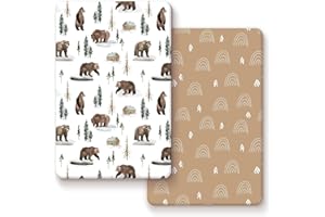 GRSSDER Stretchy Ultra Soft Jersey Knit Fitted Pack n Play Sheets Set 2 Pack, Neutral Portable/Mini Cribs Sheets, Fit Playpen Mattress Pads Safe and Snug, Jungle Bear/Rainbow for Baby