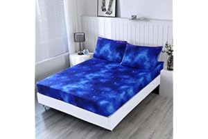 SDIII 3PCS Blue Space Queen Fitted Sheet Set, Bed in a Bag Galaxy Fitted Queen Sheet, Soft Microfiber, Queen Deep Pocket Sheet Set for Kids Boys and Girls, 1 Fitted Sheet and 2 Pillowcases
