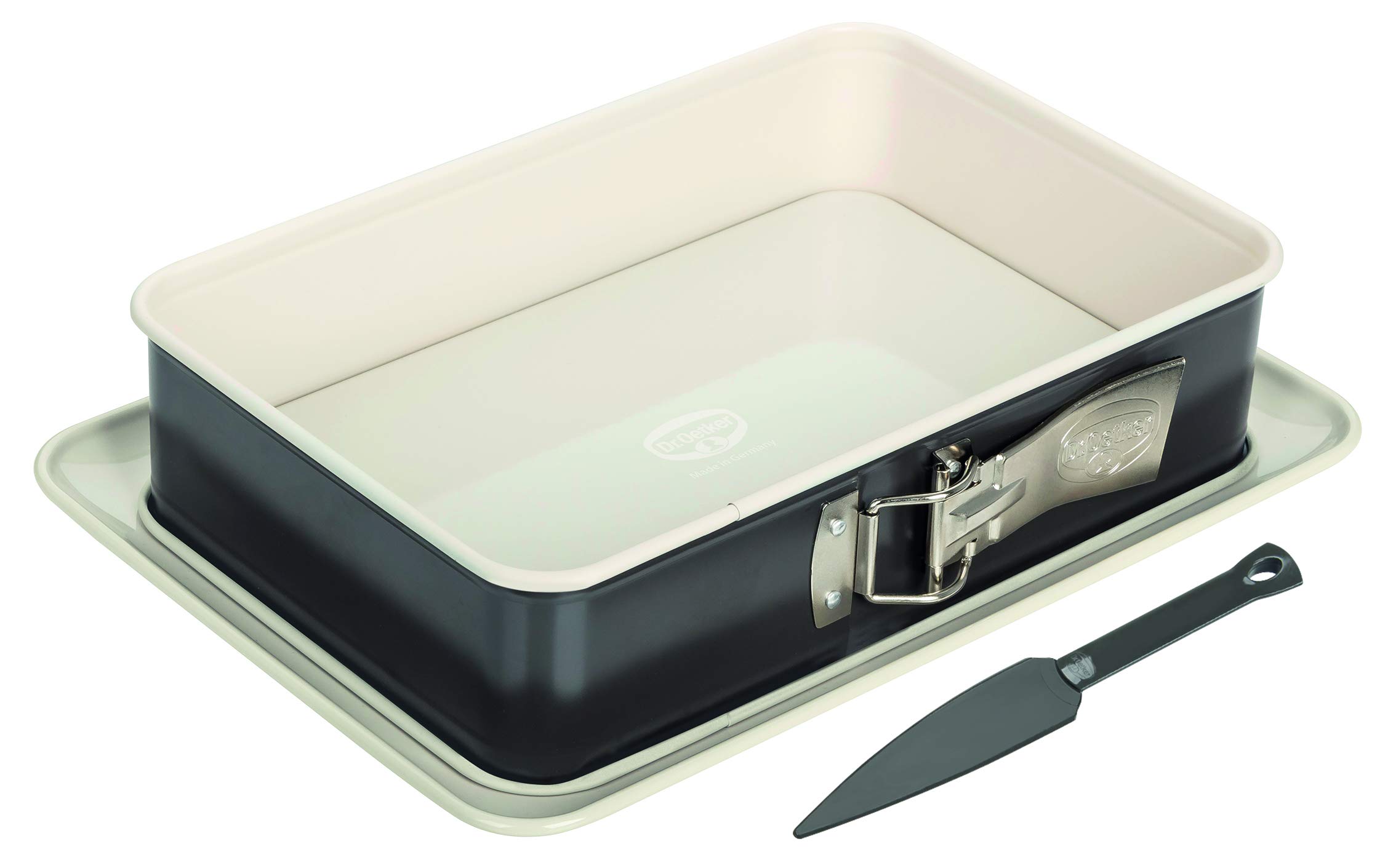 Dr. Oetker Bakeware - Non-Stick Rectangular Springform Cake Tin with Enamel Base - 28 x 18 centimetres, Grey and Cream