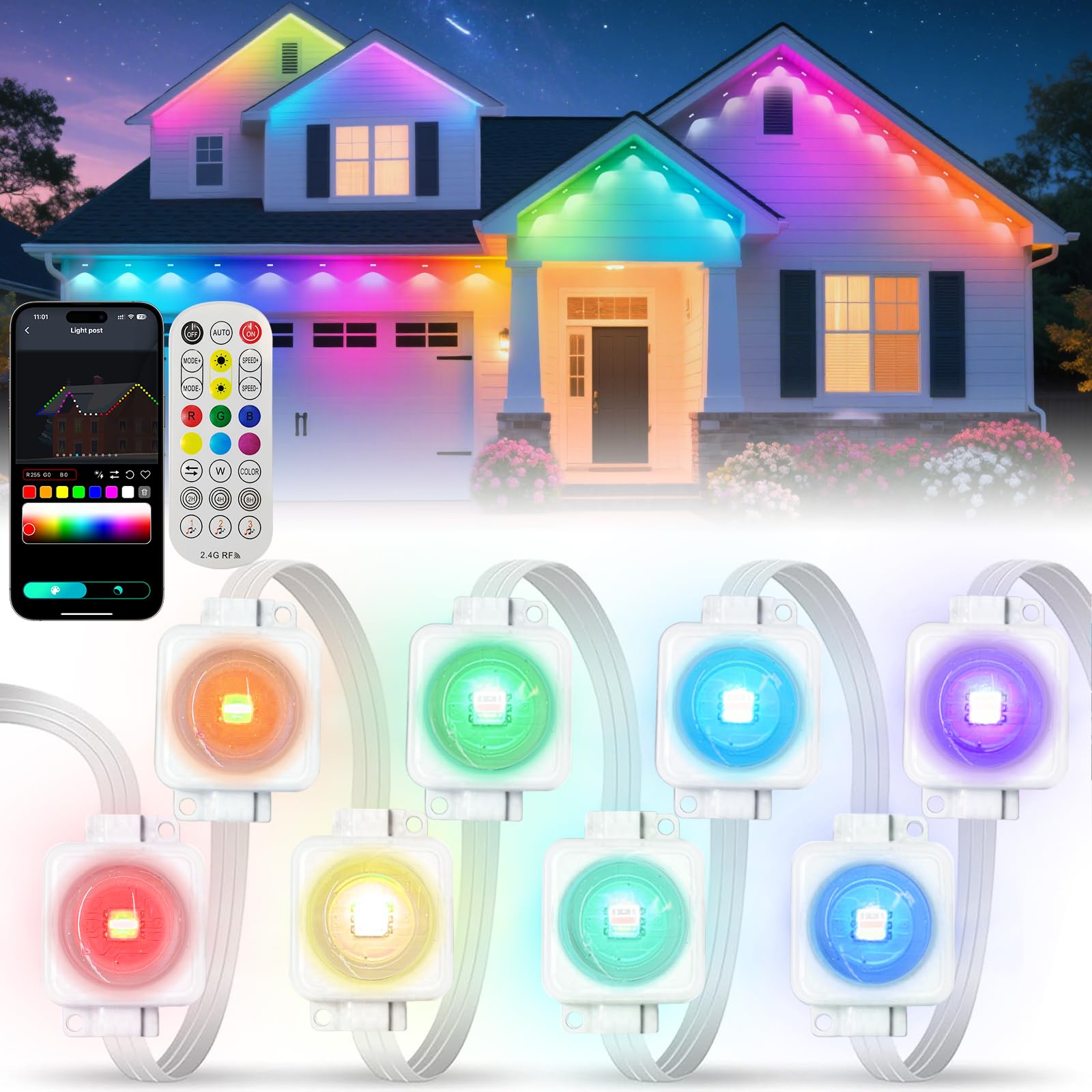 Photo 1 of Super RGB Permanent Outdoor Lights 33FT, Smart RGB-IC Eave Lights with Remote APP Control, DIY LED Color Individual, White & Colorful Christmas String Light, IP67 Waterproof for House Outside Decor