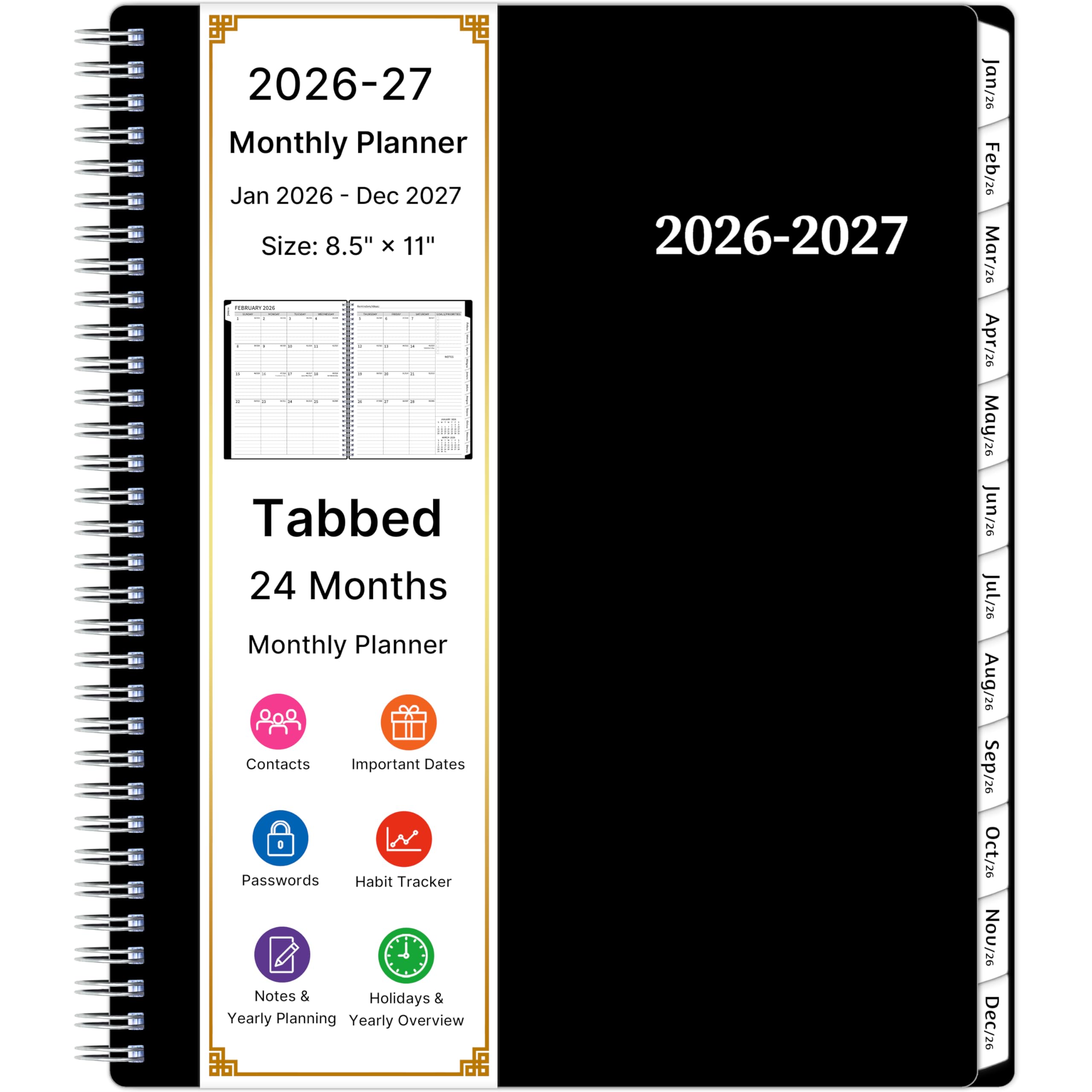 Photo 1 of 2026-2027 Monthly Planner, 2 Year Calendar Planner, Jan 2026 - Dec 2027, 8.5’’ x 11’’, Large Spiral Agenda, 24 Months, with Tabs ?Pocket, Flexible Cover, Organizer for Office Home School, Black