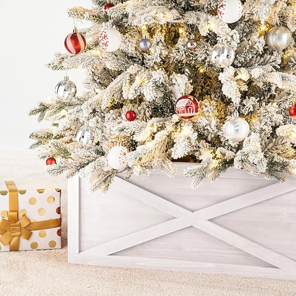 GLITZHOME CHRISTMAS TREE COLLAR, CHRISTMAS TREE BASE COVER, 22″ L WASHED WHITE WOODEN TREE COLLARS FOR ARTIFICIAL TREES DECORATIVE TREE STAND COVER CHRISTMAS TREE SKIRT COLLAR