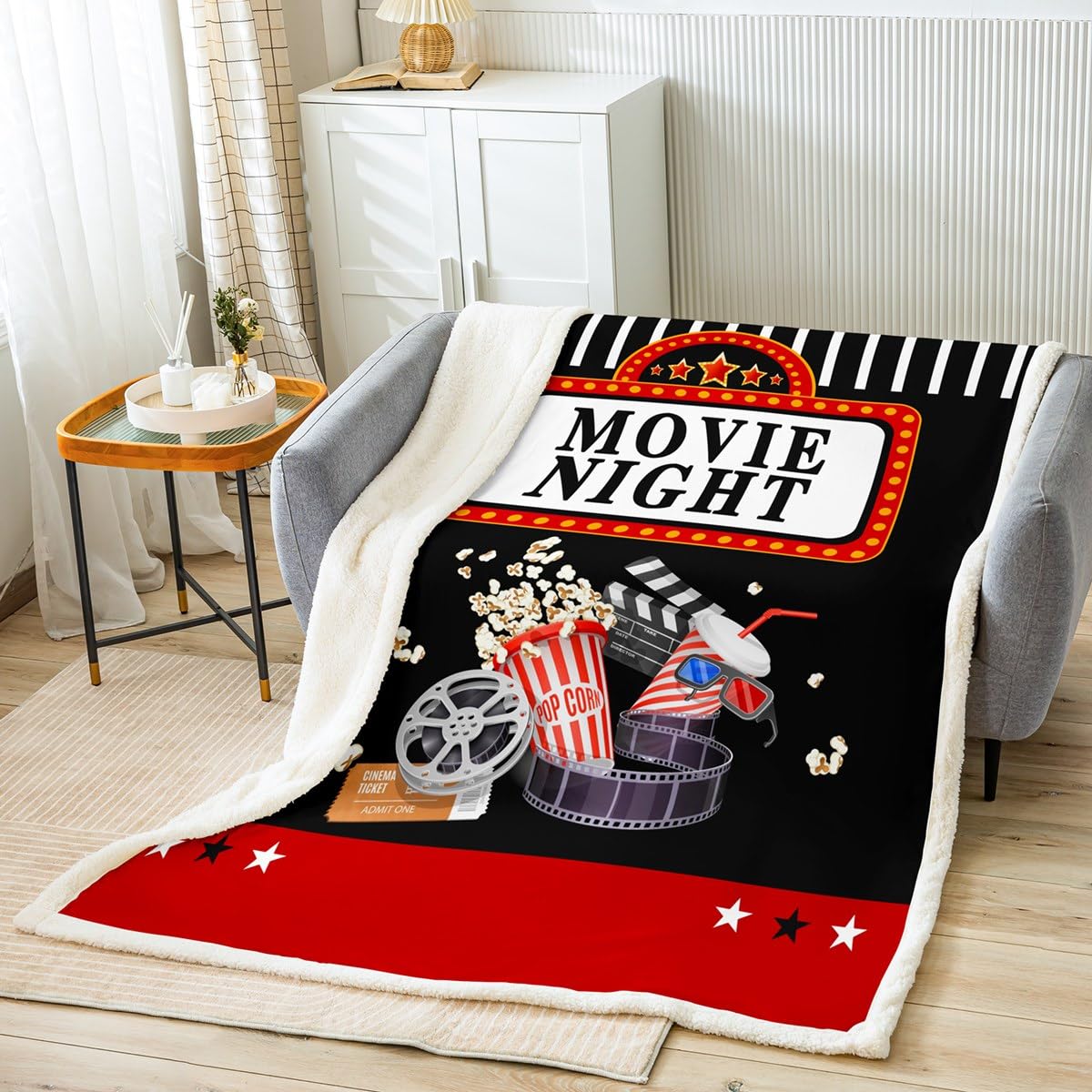 Homemissing Movie Night Sherpa Blanket, Modern Multicolored Single(50"X60") Throw Blanket, Polyester Microfiber & Sherpa, Reversible, Perfect For Camping, Travel, Gift Item