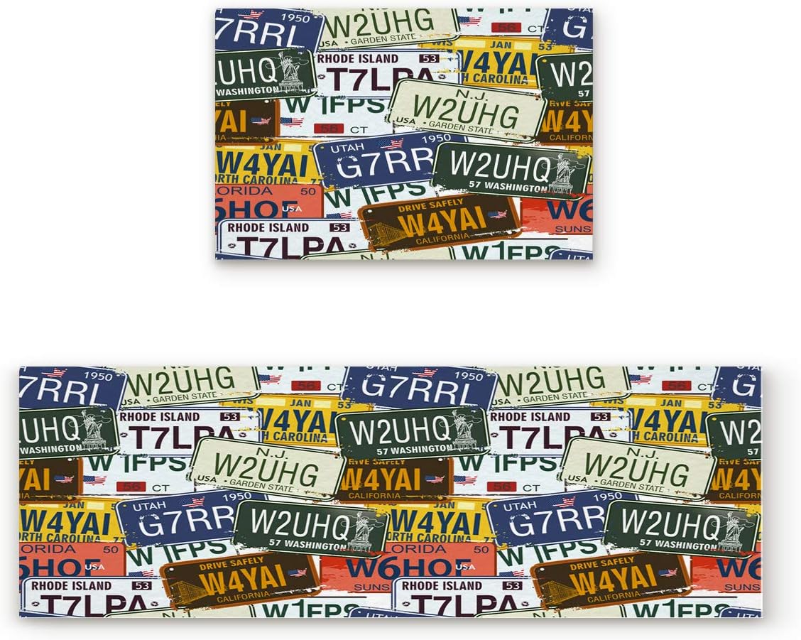 Aomike 2 Piece Non-Slip Kitchen Mat Rubber Backing Doormat Vintage License Plate Number Runner Rug Set Hallway Living Room Balcony Bathroom Carpet Sets (15.7" x 23.6"+15.7" x 47.2")