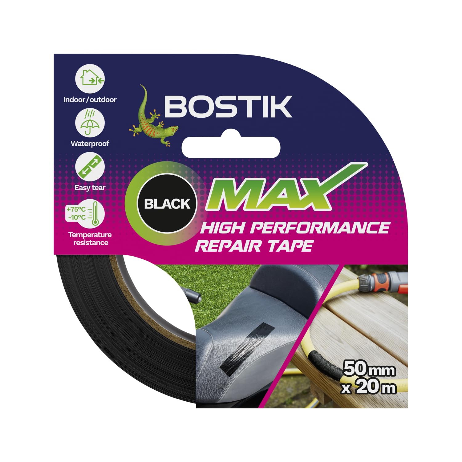 Bostik Max Repair Tape Black - 50mm x 20m Roll - Ultra Strong Waterproof Duct Tape - Maximum Bond Strength - Heat, Water & UV Resistant - Indoor & Outdoor Use