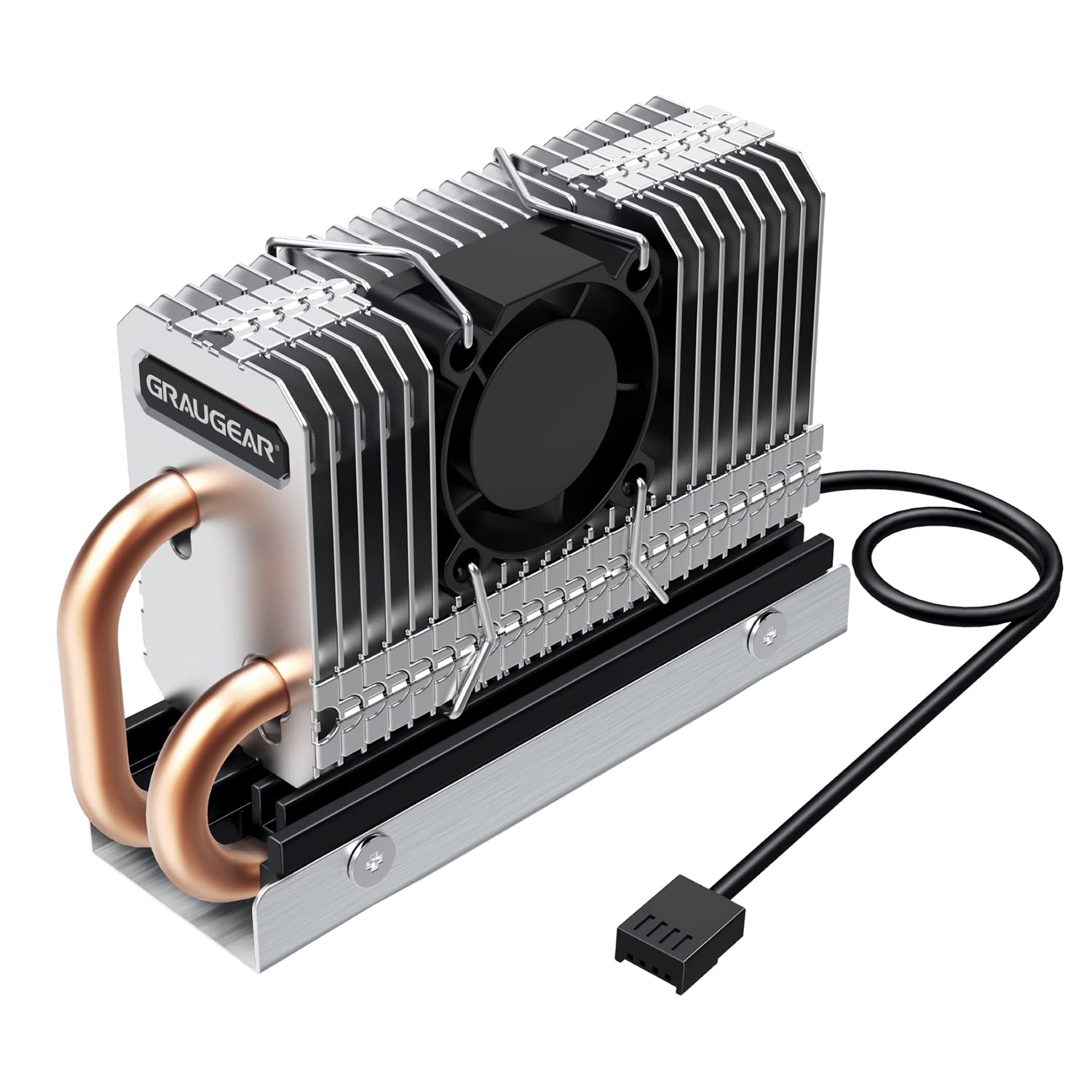 GRAUGEAR M.2 NVMe SSD (2280) Cooler | Heatpipe Cooler with Fan for M.2 SSD | Active | 25 mm PWM Fan | Low Noise | 4 x Thermal Pads | Copper Heatpipe | Aluminium Slats | G-M2HP04-F