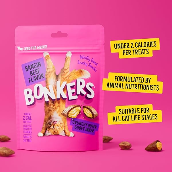 BONKERS CAT BITES, CRUNCHY & SOFT BANGIN’ BEEF FLAVOR TREATS, LOW CALORIE, TRAINING OR FOOD TOPPER, 3 OZ