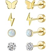 MJust Flat Back Titanium Earrings for Women & Men, 4 Pairs Hypoallergenic Titanium Earrings for Sensitive Ears, Screw Back Cartilage Earrings Set with CZ & Opal