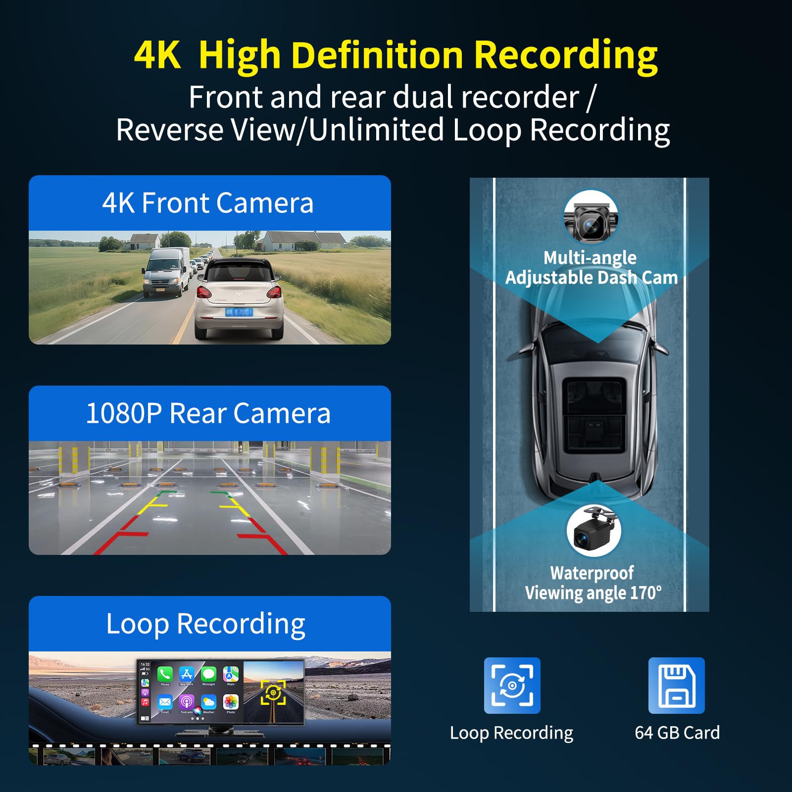 Largest 11.5 inch Wireless CarPlay Screen for Car, A-pple CarPlay & Android Auto HD Touchscreen with 4K Dash Cam/1080P Backup Camera/Navigation/Bluetooth/Voice Control/FM/Mirror Link,for All Vehicles