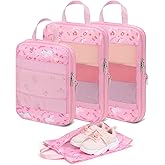 BrainyBees Kids Compression Packing Cubes, 4 Piece Set for Carry On Suitcase, Water Resistant Travel Luggage Organizers with Shoe Bag, Toddler Backpack Essentials (Pink Unicorn)