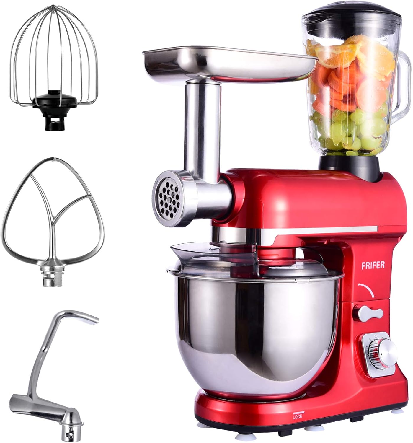 Frifer 3 in 1 Stand Mixer & Meat Grinder & Juice Blender, 6 Speed Electric Food Mixer, 600W 5 QT Tilt Head Kitchen Mixer with Stainless Steel Bowl, Hook, Whisk, Beater, Juice Cup (Stand Mixer, Red)