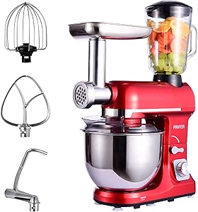 Frifer 3 in 1 Stand Mixer & Meat Grinder & Juice Blender, 6 Speed Electric Food Mixer, 600W 5 QT Tilt Head Kitchen Mixer with Stainless Steel Bowl, Hook, Whisk, Beater, Juice Cup (Stand Mixer, Red)