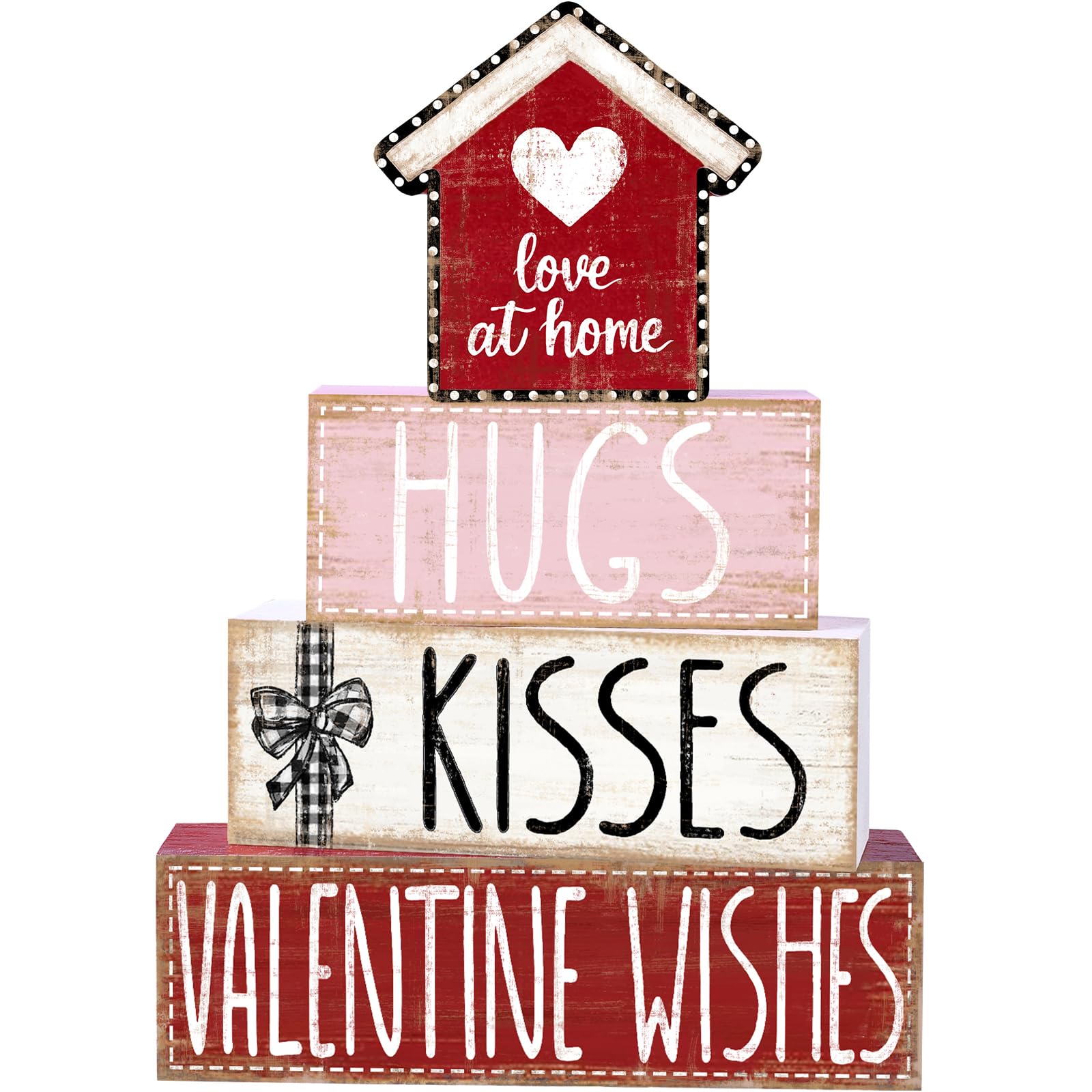 DIYDEC 4Pcs Valentine's Day Table Decoration Valentine House Wooden Block Signs Rustic Valentine Tiered Tray Decor Valentines Day Centerpiece Sign for Farmhouse Holiday Tabletop Home Party Decor