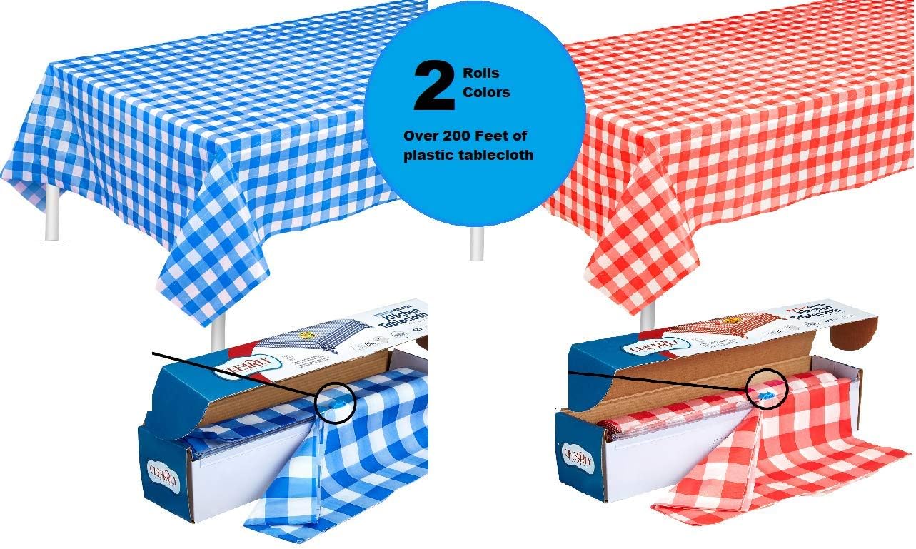 [ 2 ROLLS ] RED IN BLUE Gingham Plastic Tablecloth Roll With Cutter, 100' x 52" -Party Table Cloth In Self Cutting Box - For Picnics, BBQs, and Birthday Parties - By Clearly Elegant