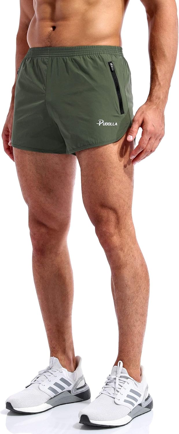 Pudolla Men’s Running Shorts 3 Inch Quick Dry Gym Athletic Workout Shorts for Men with Zipper Pockets: Clothing
