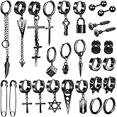 Black Cross Earrings for Men, 28 Pieces Stainless Steel Long Chain Dangle Piercing Hoop Earrings Set for Gifts