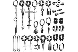 17 MILE Black Cross Earrings for Men, 28 Pieces Stainless Steel Long Chain Dangle Piercing Hoop Earrings Set for Gifts
