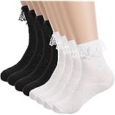Quilax 4Pairs Womens Ruffle Socks, Comfortable Ruffle Socks Woman, White and Black Frilly Sock for Dresses, Casual Wear and Gifts
