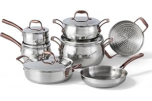 Lagostina Kitchen Pots and Pans, Stainless Steel Cookware Set, All Heat Sources, Bronze Elegance, 12 Piece, Silver, Induction