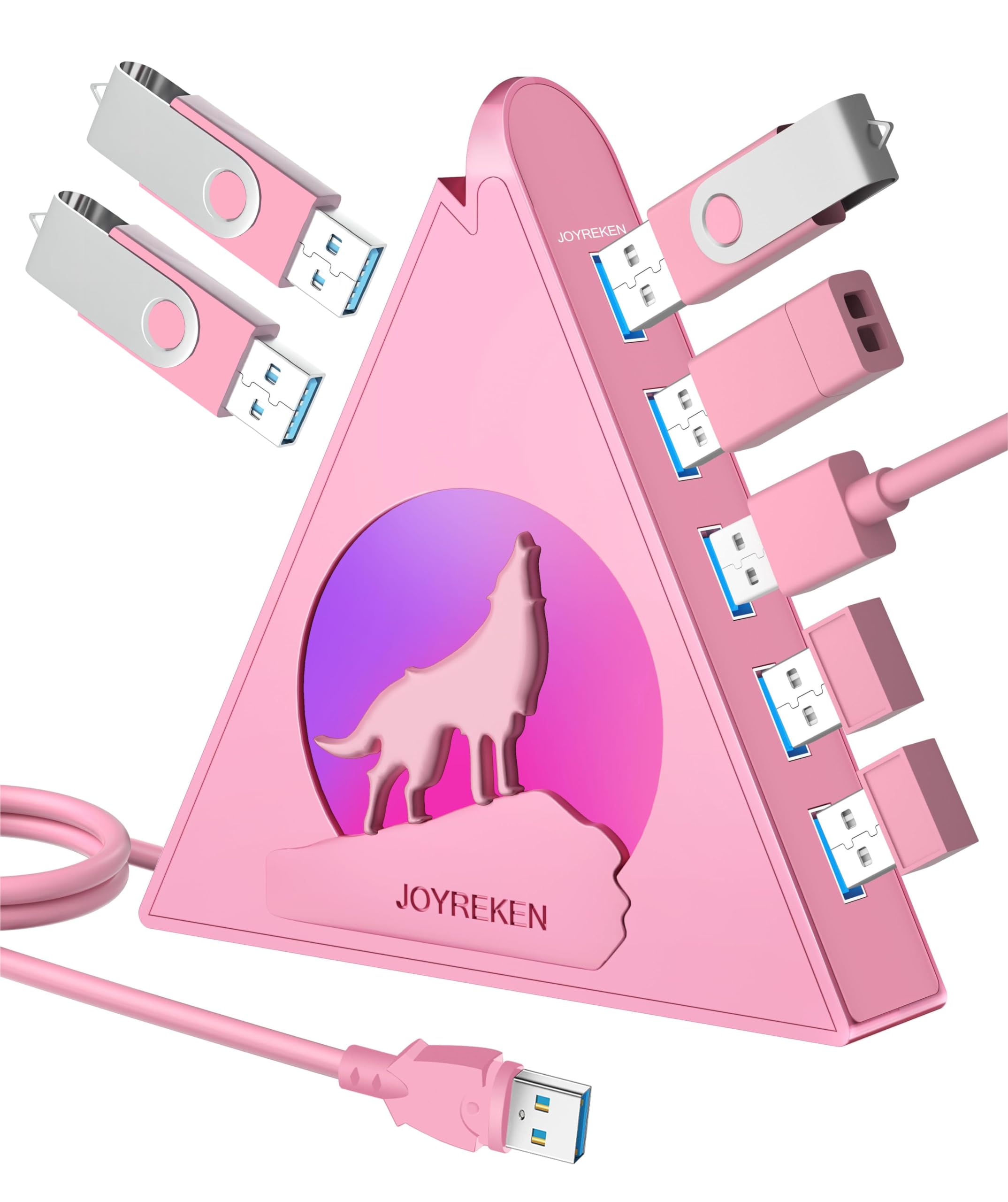 Photo 1 of JoyReken 7 USB 3.0 Ports, Howling Wolf Pink USB Hub - 2FT Long Cable, Vertical USB Hub Expander Compatible with PC, Laptop, Flash Drive, HDD, Console, Printer, Keyborad, Mouse