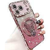 Changjia Magnetic Kickstand Glitter Case for iPhone 17 Pro Max, [Compatible with Magsafe] Cute Bling Sparkly Diamond with Camera Protector &Butterfly Stand Women Girls Case for iPhone 17 Pro Max, Pink