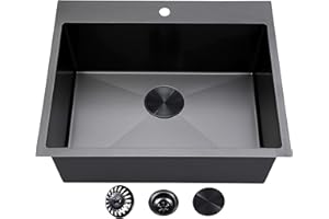 VC CUCINE VCCUCINE 25 Inch Black Drop in Kitchen Sink,25x22 Inch Gunmetal Black Single Bowl Stainless Steel Basin Topmount Kitchen Sink,16 Gauge Metal Laundry Sink Black Small Kitchen Sink