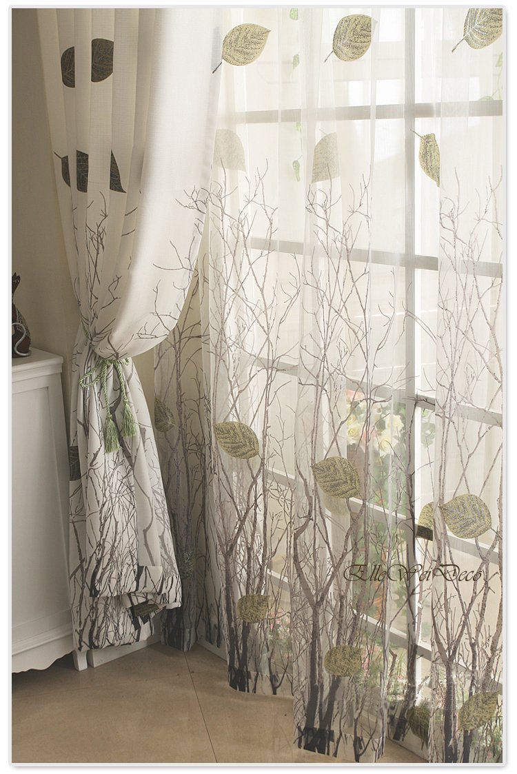 Elleweideco Modern Autumn Leaf Tree Branch Sheer Window Curtain/Drape