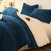 tohrisa Seashell Jacquard Sherpa Comforter Set Warm Cozy Premium Bedding 3 Pieces, King Size Geometric Pattern Quilt Comforter with 2 Pillowcases(104"X90" Dark Blue)