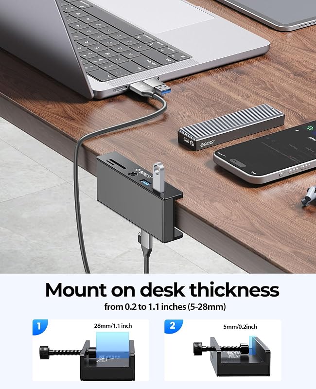 Hub USB 3.0, Hub USB a pinza con lettore di schede SD/TF, Splitter USB con 2 porte USB-A 3.0, audio da 3,5 mm, 5 Gbps, collegamento alimentazione 5V, per monitor, desktop