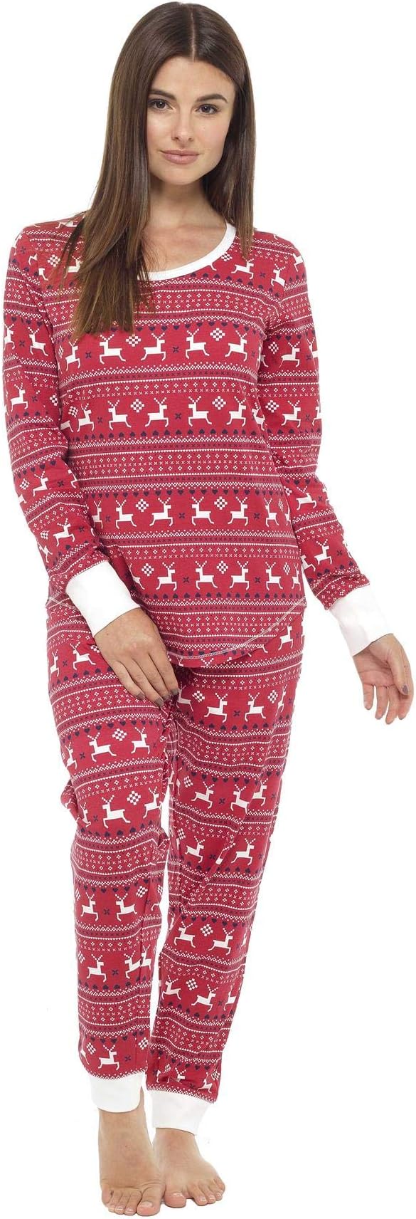 Daisy Dreamer Women's Jersey Fair Isle Reindeer Pyjamas Twosie, Cotton Pyjama Set Christmas PJs, Red Grey